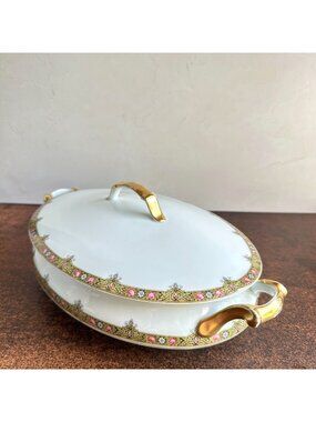 Antique Limoges Covered Vegetable Tureen A Lanternier LNT39 Pink Roses Gold Gilt